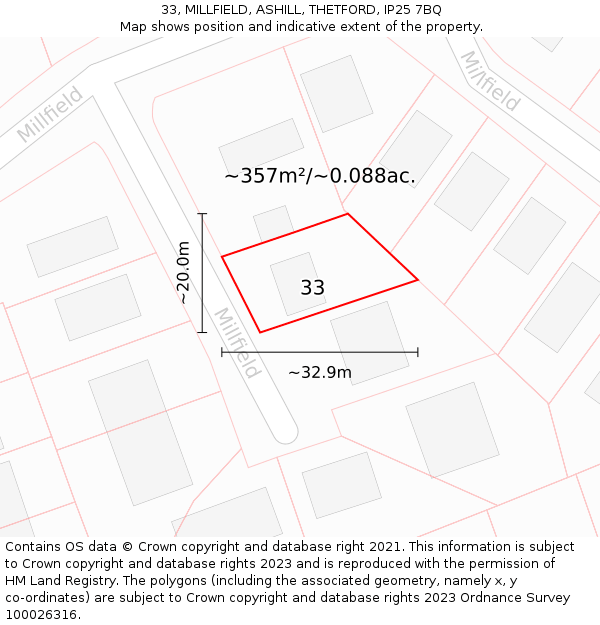 33, MILLFIELD, ASHILL, THETFORD, IP25 7BQ: Plot and title map