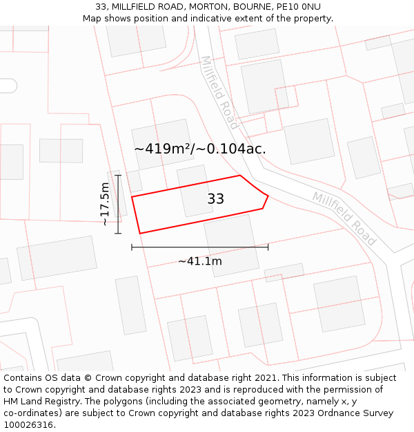 33, MILLFIELD ROAD, MORTON, BOURNE, PE10 0NU: Plot and title map