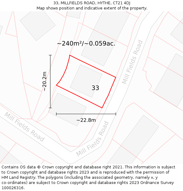 33, MILLFIELDS ROAD, HYTHE, CT21 4DJ: Plot and title map