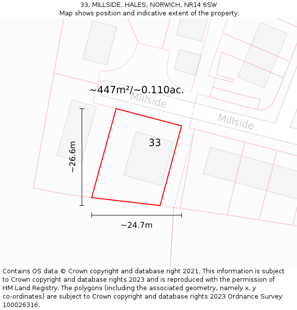 33, MILLSIDE, HALES, NORWICH, NR14 6SW: Plot and title map