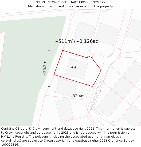 33, MILLSTON CLOSE, HARTLEPOOL, TS26 0PX: Plot and title map