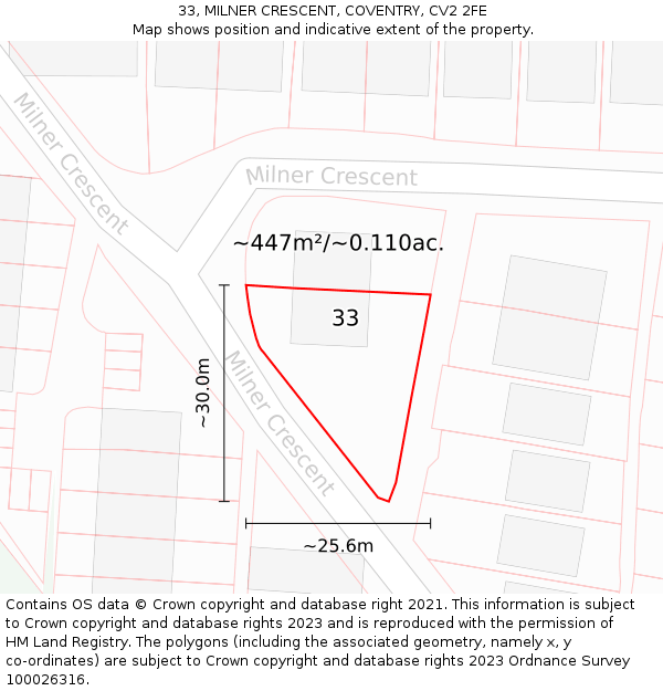 33, MILNER CRESCENT, COVENTRY, CV2 2FE: Plot and title map