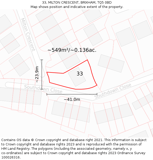 33, MILTON CRESCENT, BRIXHAM, TQ5 0BD: Plot and title map