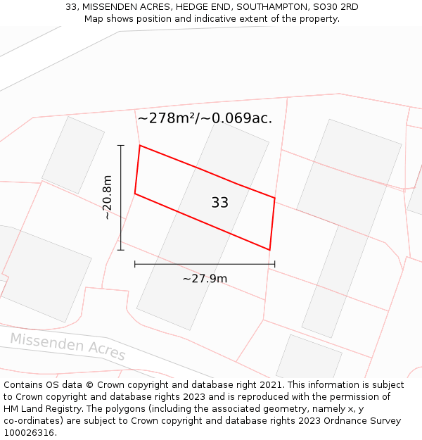 33, MISSENDEN ACRES, HEDGE END, SOUTHAMPTON, SO30 2RD: Plot and title map