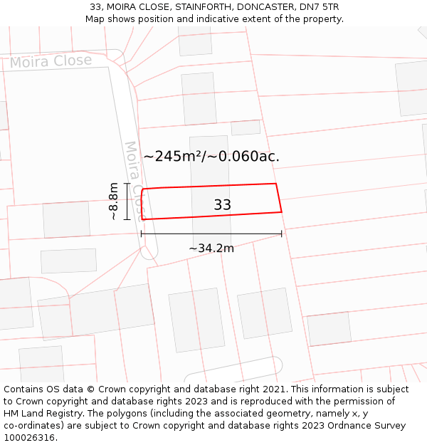 33, MOIRA CLOSE, STAINFORTH, DONCASTER, DN7 5TR: Plot and title map