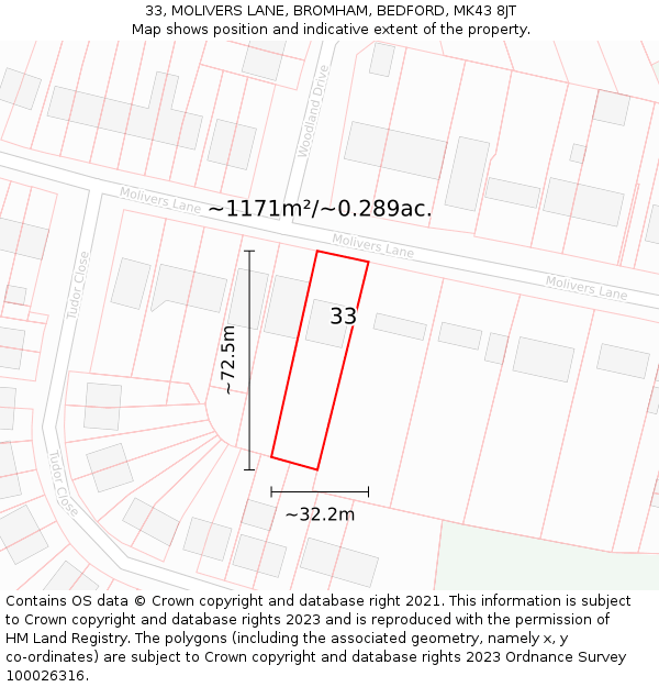 33, MOLIVERS LANE, BROMHAM, BEDFORD, MK43 8JT: Plot and title map