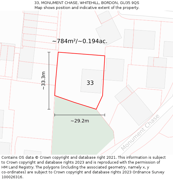 33, MONUMENT CHASE, WHITEHILL, BORDON, GU35 9QS: Plot and title map