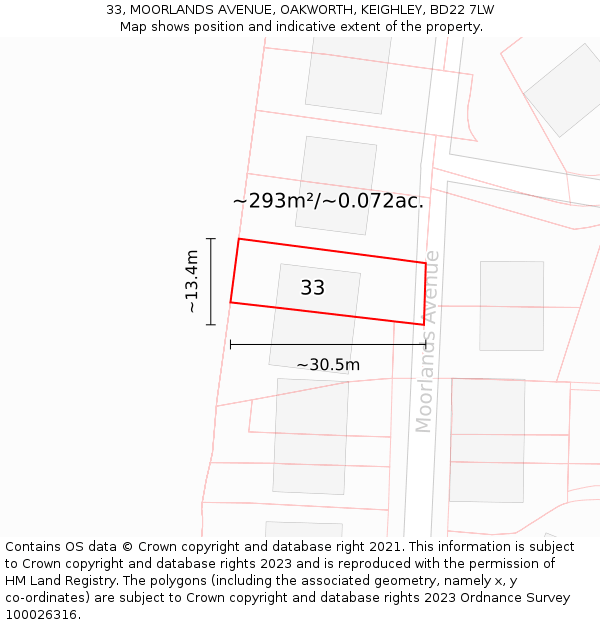 33, MOORLANDS AVENUE, OAKWORTH, KEIGHLEY, BD22 7LW: Plot and title map
