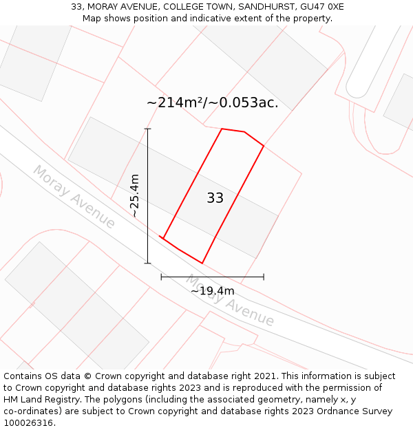 33, MORAY AVENUE, COLLEGE TOWN, SANDHURST, GU47 0XE: Plot and title map