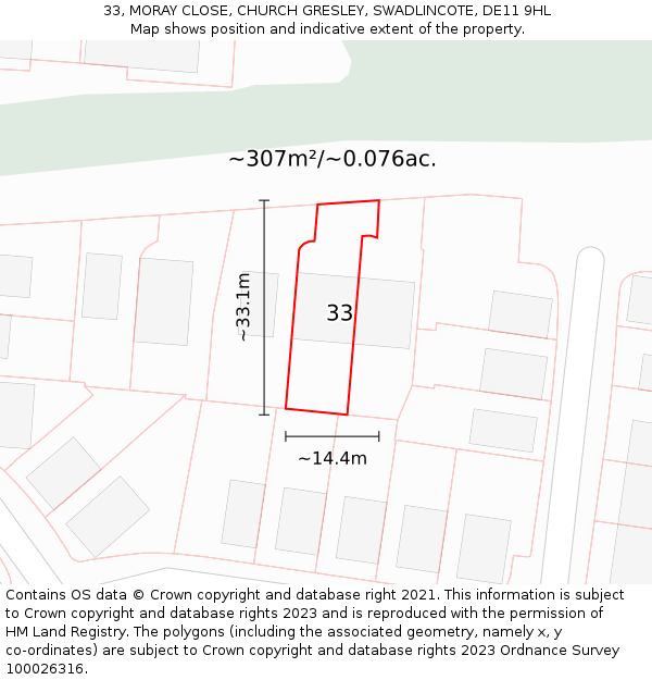 33, MORAY CLOSE, CHURCH GRESLEY, SWADLINCOTE, DE11 9HL: Plot and title map