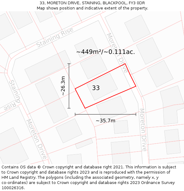 33, MORETON DRIVE, STAINING, BLACKPOOL, FY3 0DR: Plot and title map