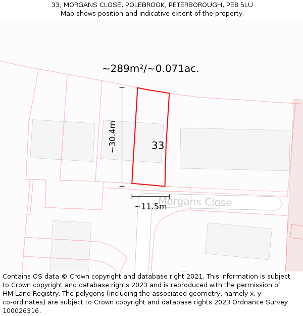 33, MORGANS CLOSE, POLEBROOK, PETERBOROUGH, PE8 5LU: Plot and title map