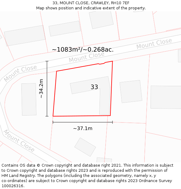 33, MOUNT CLOSE, CRAWLEY, RH10 7EF: Plot and title map