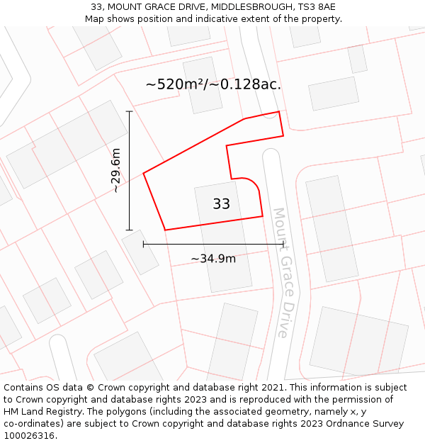 33, MOUNT GRACE DRIVE, MIDDLESBROUGH, TS3 8AE: Plot and title map