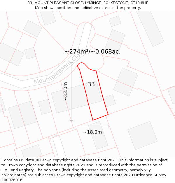 33, MOUNT PLEASANT CLOSE, LYMINGE, FOLKESTONE, CT18 8HF: Plot and title map