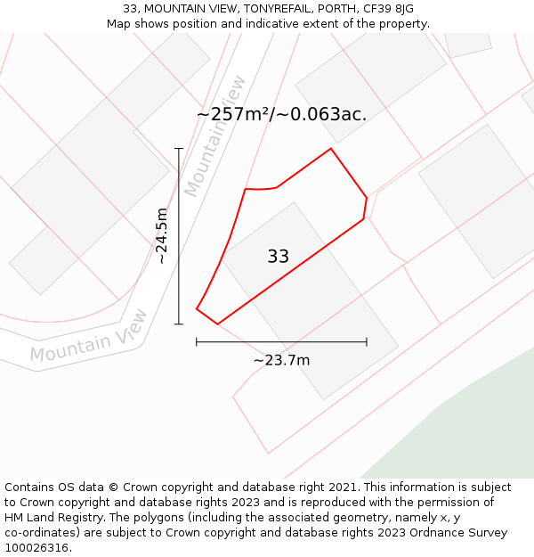 33, MOUNTAIN VIEW, TONYREFAIL, PORTH, CF39 8JG: Plot and title map