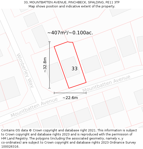 33, MOUNTBATTEN AVENUE, PINCHBECK, SPALDING, PE11 3TP: Plot and title map