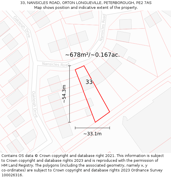 33, NANSICLES ROAD, ORTON LONGUEVILLE, PETERBOROUGH, PE2 7AS: Plot and title map