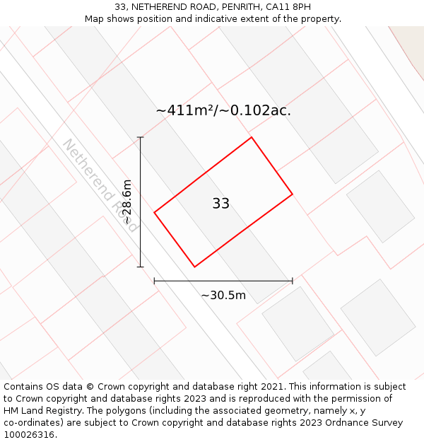 33, NETHEREND ROAD, PENRITH, CA11 8PH: Plot and title map