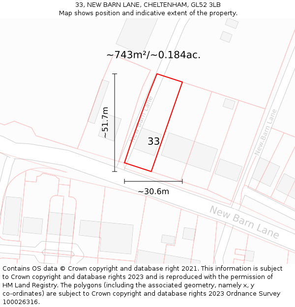 33, NEW BARN LANE, CHELTENHAM, GL52 3LB: Plot and title map