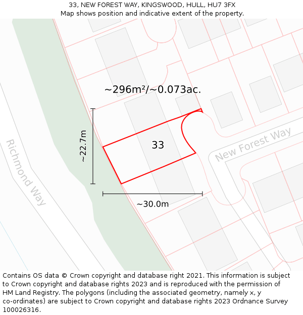 33, NEW FOREST WAY, KINGSWOOD, HULL, HU7 3FX: Plot and title map