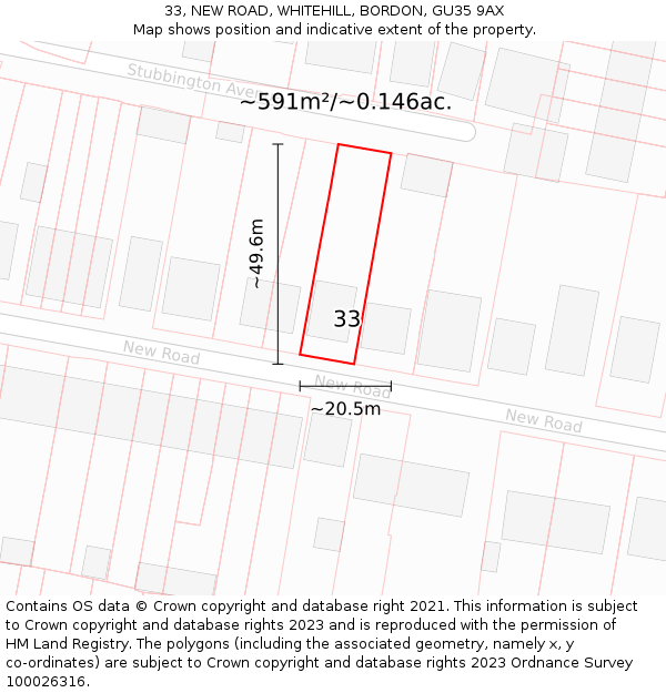 33, NEW ROAD, WHITEHILL, BORDON, GU35 9AX: Plot and title map