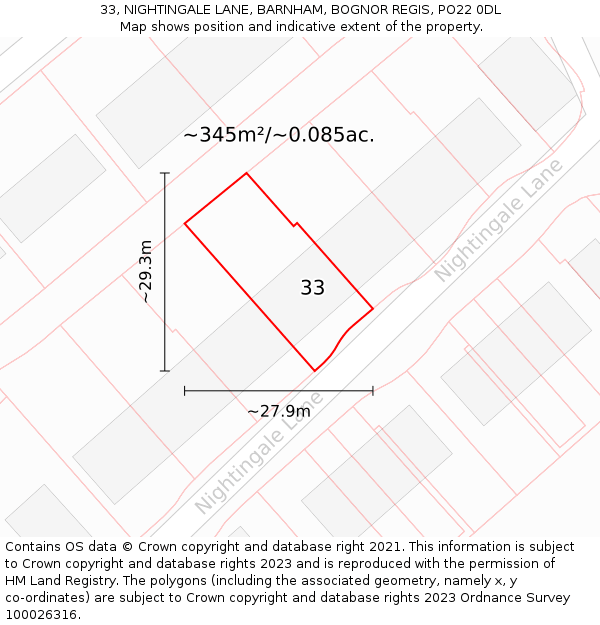 33, NIGHTINGALE LANE, BARNHAM, BOGNOR REGIS, PO22 0DL: Plot and title map