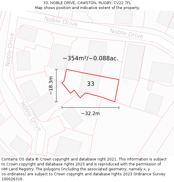 33, NOBLE DRIVE, CAWSTON, RUGBY, CV22 7FL: Plot and title map
