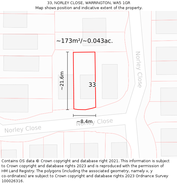 33, NORLEY CLOSE, WARRINGTON, WA5 1GR: Plot and title map