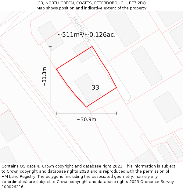 33, NORTH GREEN, COATES, PETERBOROUGH, PE7 2BQ: Plot and title map