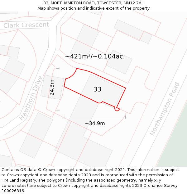 33, NORTHAMPTON ROAD, TOWCESTER, NN12 7AH: Plot and title map