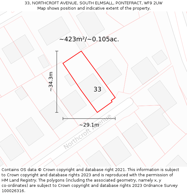 33, NORTHCROFT AVENUE, SOUTH ELMSALL, PONTEFRACT, WF9 2UW: Plot and title map