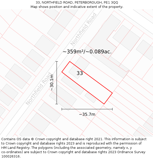 33, NORTHFIELD ROAD, PETERBOROUGH, PE1 3QQ: Plot and title map