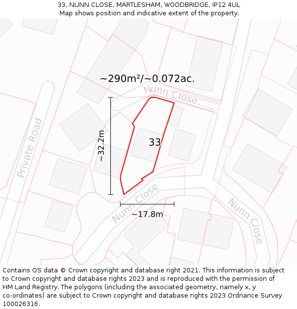 33, NUNN CLOSE, MARTLESHAM, WOODBRIDGE, IP12 4UL: Plot and title map