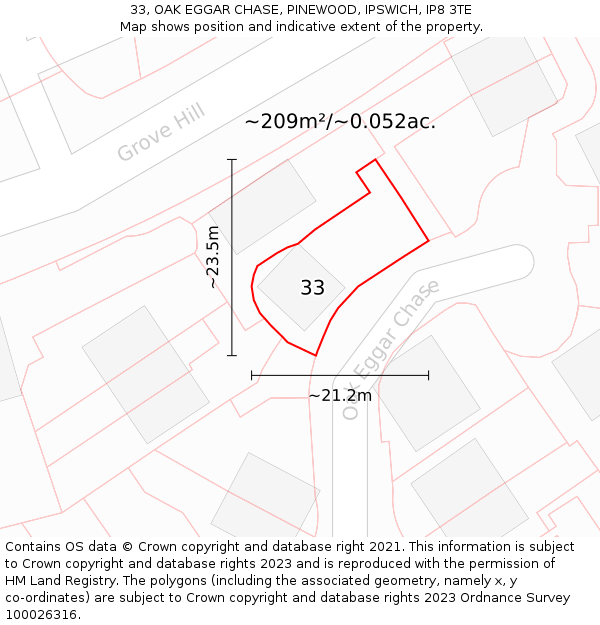 33, OAK EGGAR CHASE, PINEWOOD, IPSWICH, IP8 3TE: Plot and title map