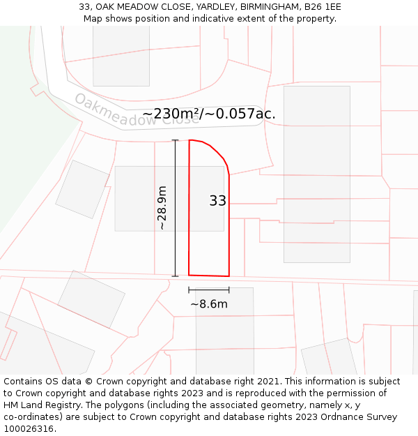 33, OAK MEADOW CLOSE, YARDLEY, BIRMINGHAM, B26 1EE: Plot and title map