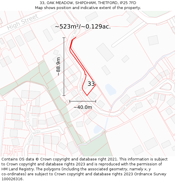 33, OAK MEADOW, SHIPDHAM, THETFORD, IP25 7FD: Plot and title map