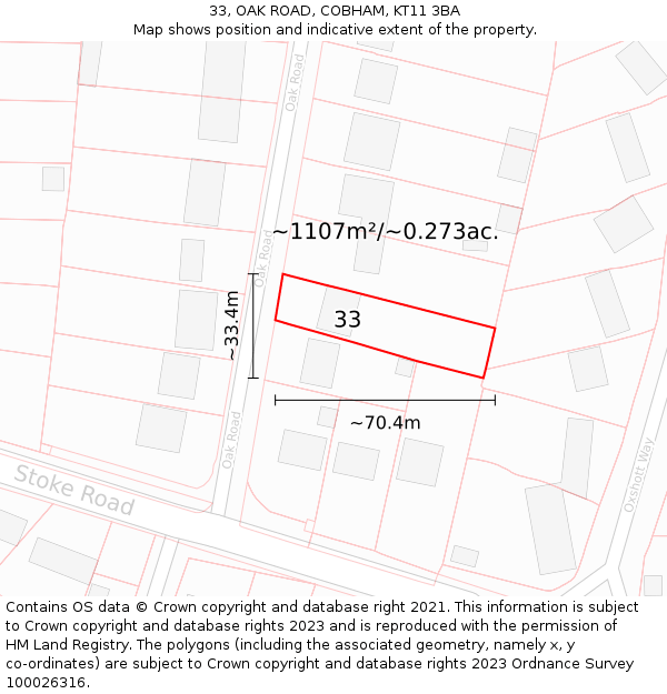 33, OAK ROAD, COBHAM, KT11 3BA: Plot and title map