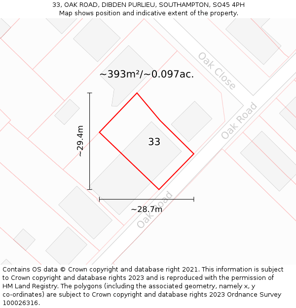33, OAK ROAD, DIBDEN PURLIEU, SOUTHAMPTON, SO45 4PH: Plot and title map