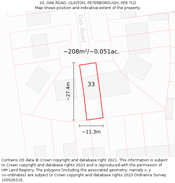 33, OAK ROAD, GLINTON, PETERBOROUGH, PE6 7LD: Plot and title map