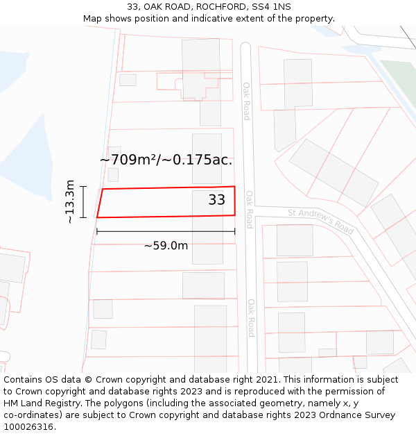 33, OAK ROAD, ROCHFORD, SS4 1NS: Plot and title map
