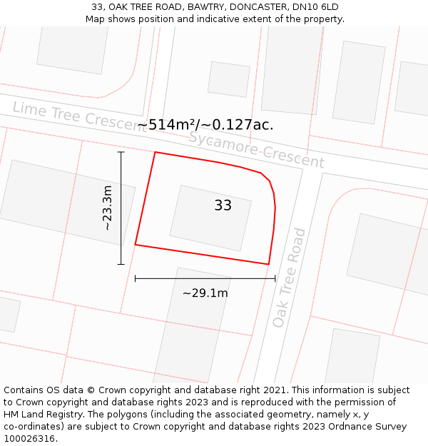 33, OAK TREE ROAD, BAWTRY, DONCASTER, DN10 6LD: Plot and title map
