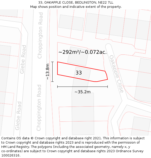 33, OAKAPPLE CLOSE, BEDLINGTON, NE22 7LL: Plot and title map