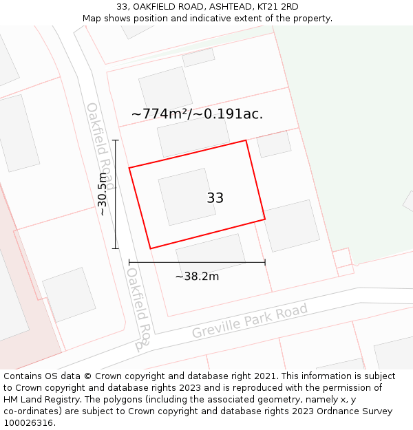 33, OAKFIELD ROAD, ASHTEAD, KT21 2RD: Plot and title map