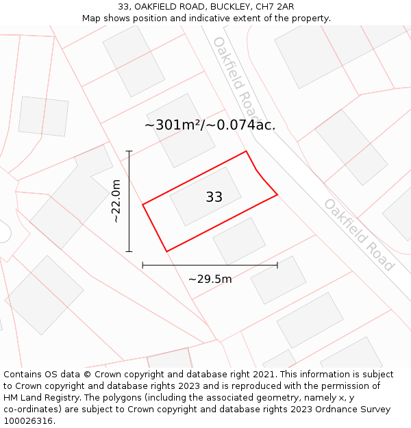 33, OAKFIELD ROAD, BUCKLEY, CH7 2AR: Plot and title map