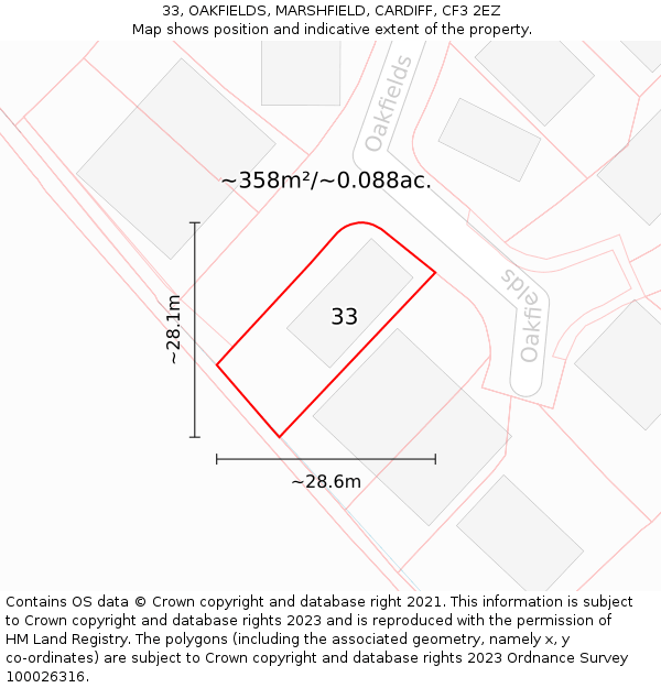 33, OAKFIELDS, MARSHFIELD, CARDIFF, CF3 2EZ: Plot and title map