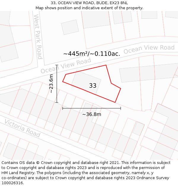33, OCEAN VIEW ROAD, BUDE, EX23 8NL: Plot and title map