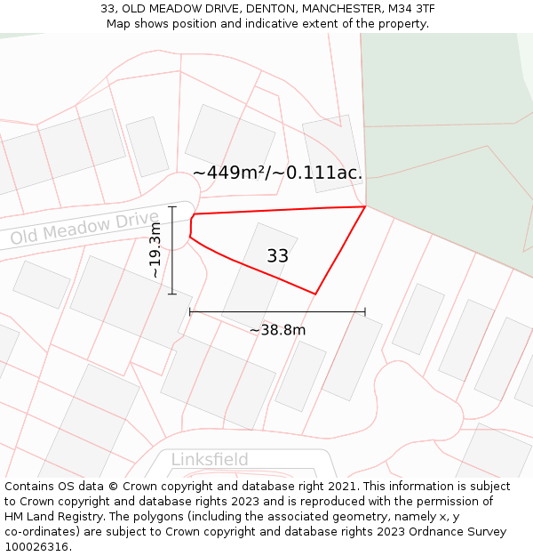 33, OLD MEADOW DRIVE, DENTON, MANCHESTER, M34 3TF: Plot and title map