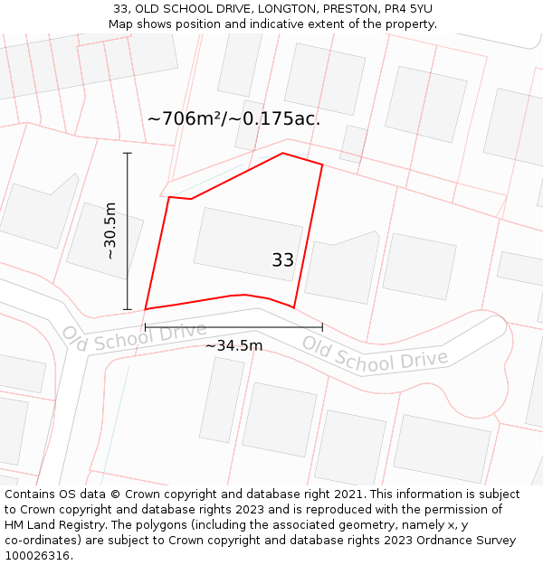 33, OLD SCHOOL DRIVE, LONGTON, PRESTON, PR4 5YU: Plot and title map