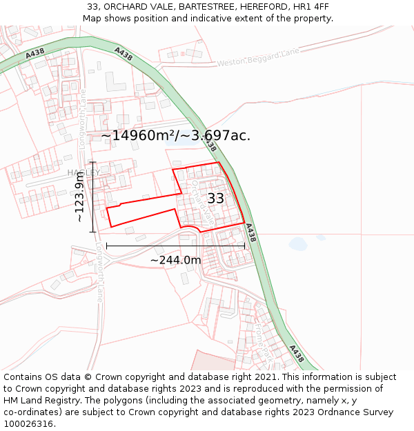 33, ORCHARD VALE, BARTESTREE, HEREFORD, HR1 4FF: Plot and title map